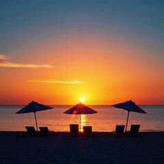 Sunset over calm ocean with silhouetted beach umbrellas, waves, sunset, tranquility