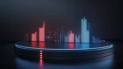 Abstract Visualization of Music or Sound Waves with Dynamic Bars in Red and Blue Colors on a Dark Background Representing Audio Frequencies or Data Analysis