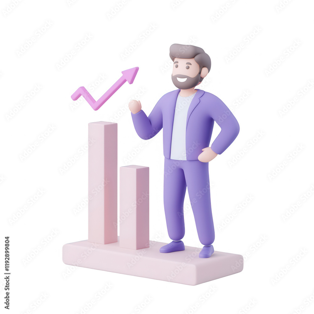 Poster animated character presenting a business growth chart and data analysis., isolated on a transparent 