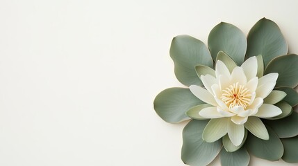 Fototapeta premium Elegant and Serene Water Lily Flower with Green Leaves Against a Soft Neutral Background for Tranquil and Calming Nature-Themed Design Projects and Concepts