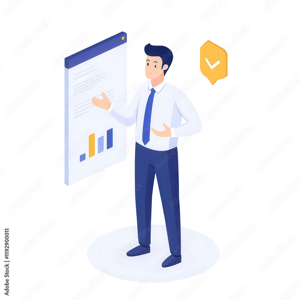 Poster businessman presenting data analysis with charts and infographics for decision making., isolated on 
