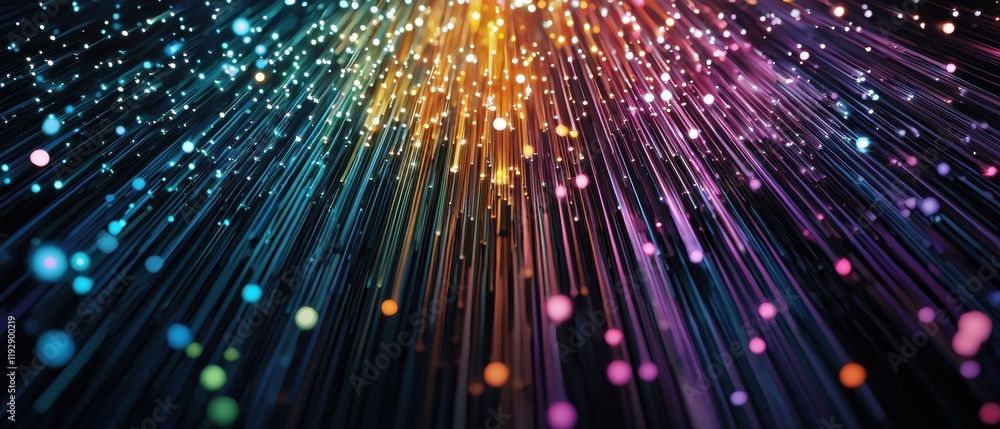 Poster a vibrant display of colorful light rays radiating in various directions against a dark background, 