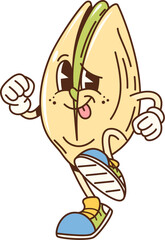 Cartoon groovy pistachio nut character. Salty snack cheerful vintage cartoon isolated vector character. Healthy nutrition fresh nut happy retro mascot or organic pistachio walking groovy personage