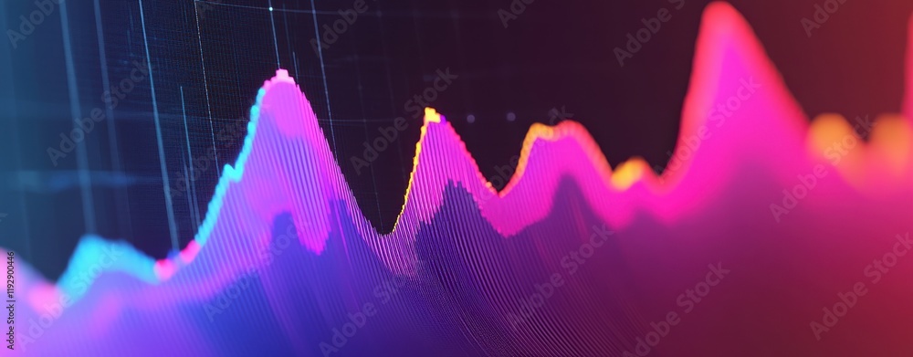 Poster a vibrant, abstract representation of data trends, showcasing colorful peaks and valleys typical of 