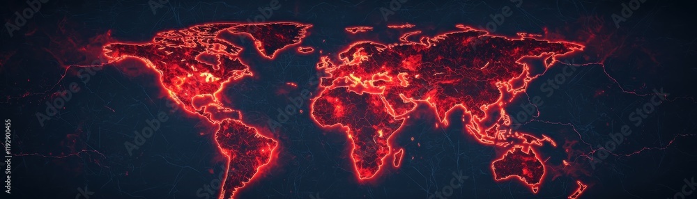 Poster a digital map of the world illuminated in red, depicting a network or data visualization against a d