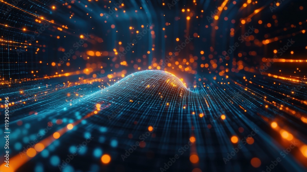 Poster abstract digital landscape with glowing particles and vibrant lines representing data flow, technolo