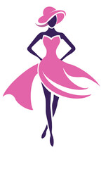 Silhouette of a woman in pink dress and hat on transparent background, fashion design concept