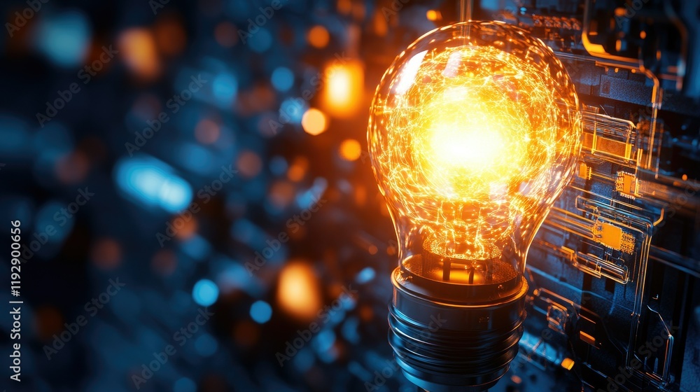 Poster glowing light bulb illuminating a dark digital background with abstract shapes and patterns represen