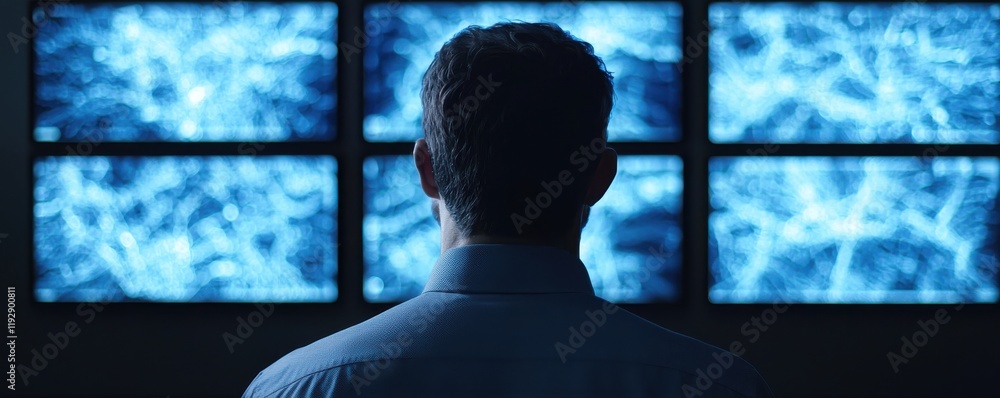 Poster a person is seen from behind, looking at multiple screens displaying abstract blue patterns, suggest