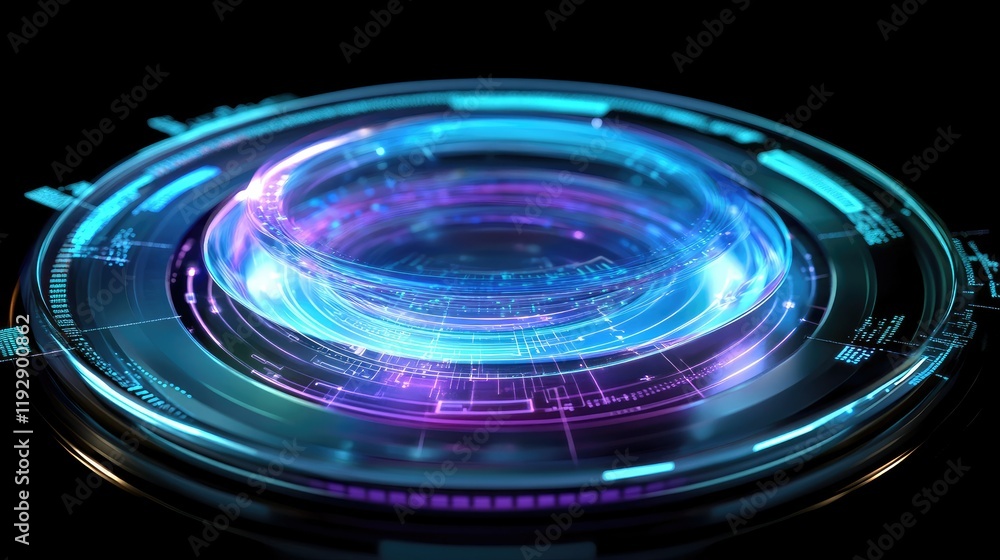 Poster futuristic abstract technology background featuring a glowing circular interface with vibrant blue a