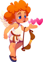 Cupid angel character with Valentine Day pink hearts. Vector love holiday, marriage and wedding personage. Little Cupid, Cherub or Eros baby angel character with archer bow sending love hearts by air