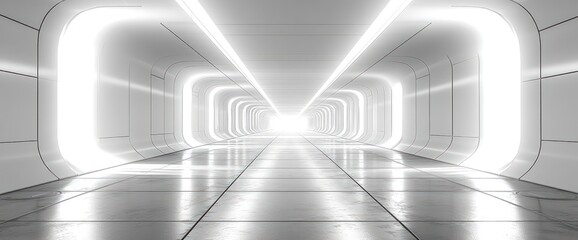 Bright, futuristic white corridor with glowing lines and reflective floor.