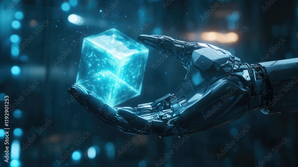 Poster futuristic robotic hand holding a glowing holographic cube in a high-tech digital environment, repre