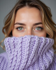 A woman gazes intently, wrapped in a chunky knit sweater that covers half her face, creating a warm and serene atmosphere.