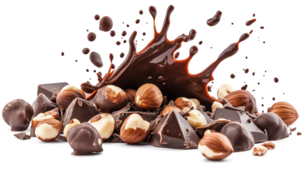 Splash of chocolate with hazelnuts isolated on a transparent or white background