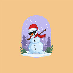 A stylish snowman wearing sunglasses and a Santa hat dabbing in a snowy winter scene.