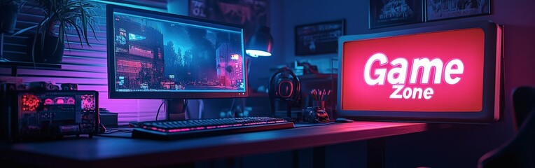 Neon-lit game zone with a gamer's hand on a keyboard. Represents focus, technology, and immersive gaming with vibrant lighting effects.