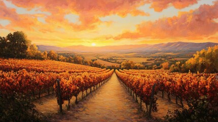 Serene Sunset Over Vineyard Landscape with Lush Grapevines and Vibrant Autumn Colors, Capturing Nature's Beauty in Wine Country
