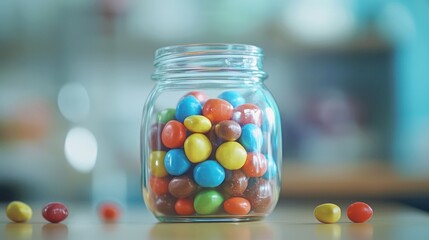 A glass jar filled with colorful candies.