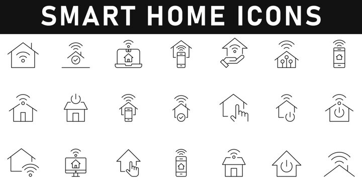 Smart Home Icons vector illustration with thin line editable stroke containing smart home, house, automation, control system, technology, advanced technology, WIFI router, connected, smart lock - Powered by Adobe