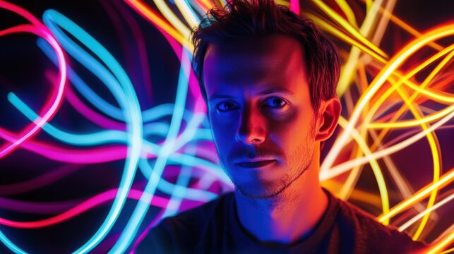 A man's portrait in the darkness with vibrant, swirling neon light trails in the background