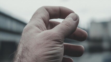 Close-up of a man's hand, slightly out of focus background.
