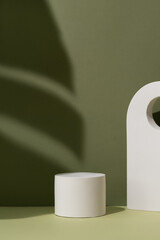 Geometric white scene with the shadow of a monstera leaf on a green background. A premium podium for advertising and presentation of your product. Showcase, display case.