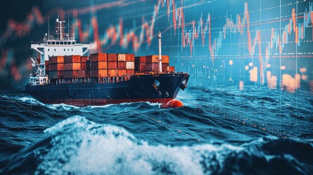 A cargo ship sails on dynamic waves, surrounded by a vibrant digital backdrop of stock market trends, merging elements of maritime transport and financial movement.