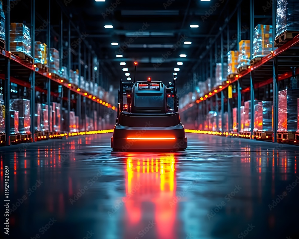 Poster efficient warehouse with automated robotics and glowing led lighting