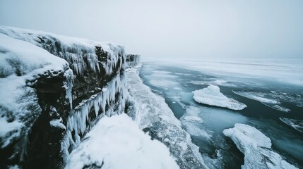 A Frozen Cliffside Wonderland with Jagged Ice Overlooking the Ocean. Winter Season background