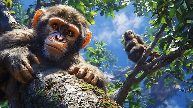 Monkeys scamper up nearby tree.