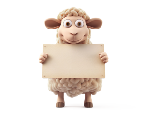 Cute cartoon sheep character holding a blank sign on a transparent background