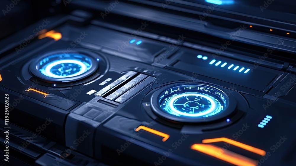 Poster futuristic control panel with neon indicators and digital readouts for science fiction technology in