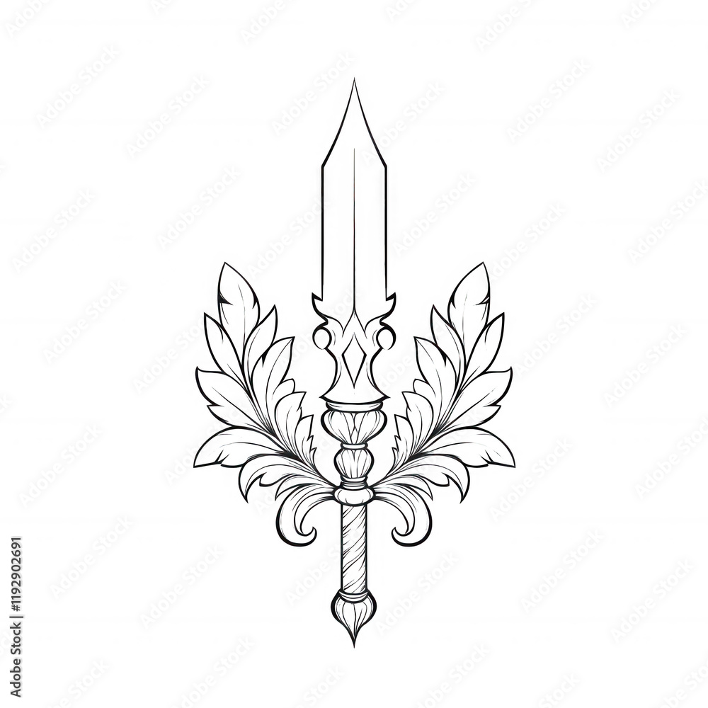 Aufkleber intricate design featuring a stylized sword and laurel leaves in a symmetrical pattern., isolated on