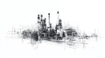 Industrial Sketch: A Monochromatic Study of Refinery Structures