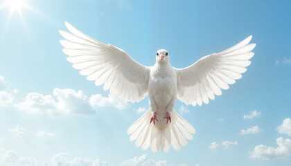 Fototapeta premium White dove in flight with open wings against blue sky.