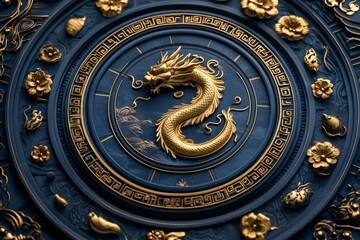 Obraz premium Golden dragon embellishing traditional blue chinese shield