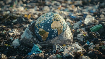 A poignant image depicting the Earth encapsulated in plastic waste, representing the growing environmental crisis and the urgent need for sustainable practices to protect our plane