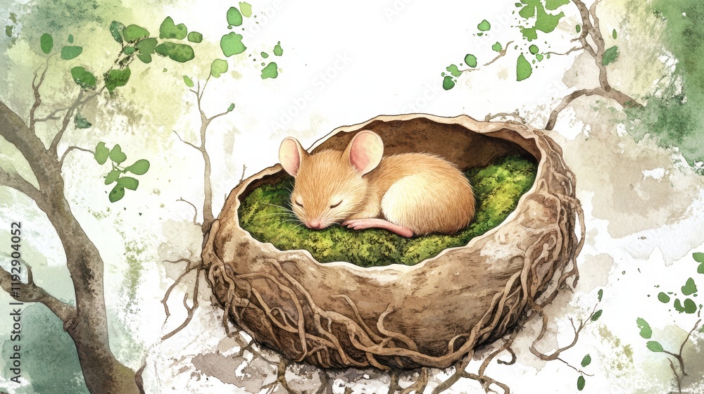 Poster Soft mouse resting peacefully in a natural nest among greenery and roots in a serene woodland setting. Generative AI