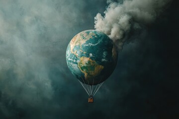 A striking image of a hot air balloon shaped like Earth, emitting smoke into a dark, atmospheric sky. It symbolizes environmental issues and the need for sustainability.