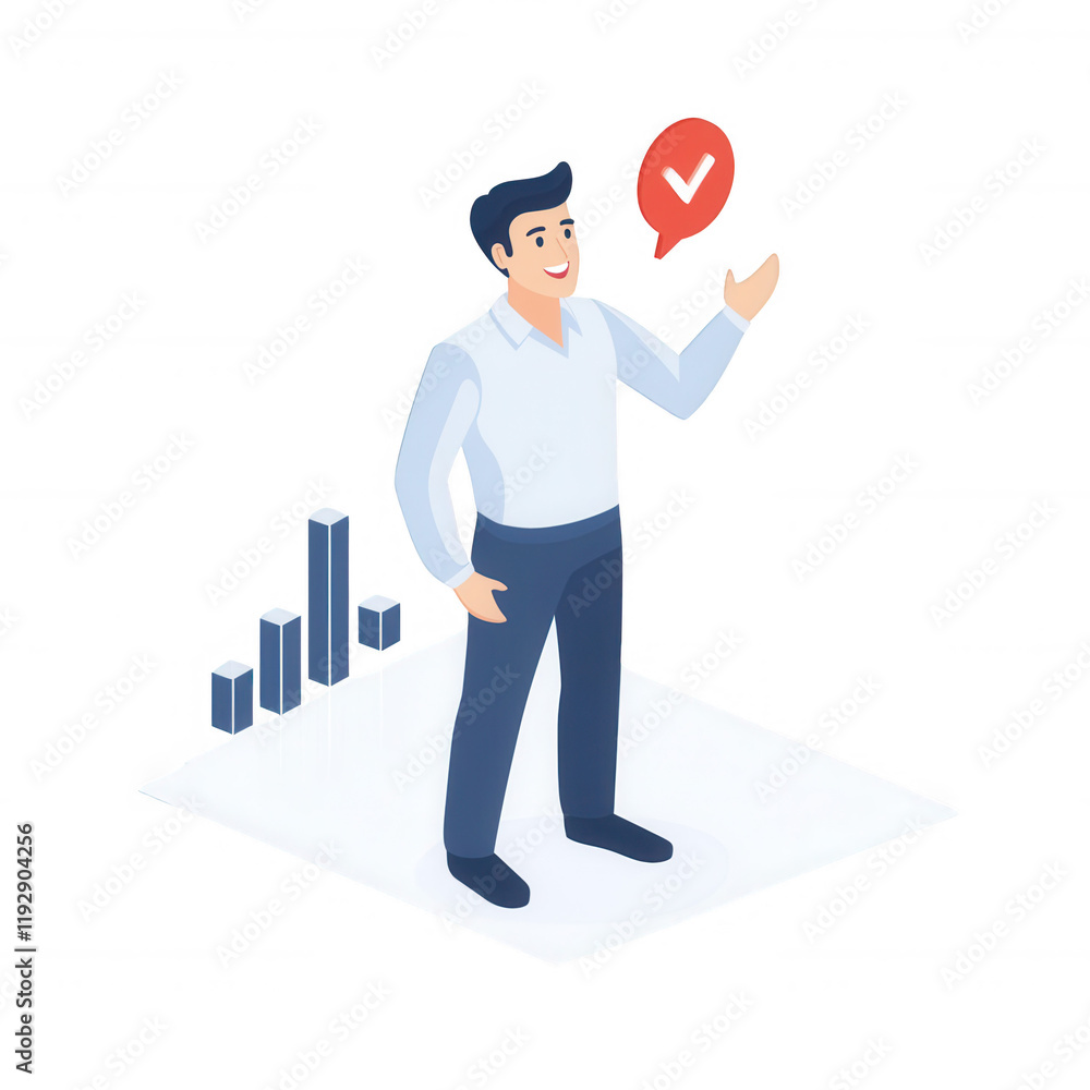 Poster professional man delivering a presentation with a speech bubble and graphs., isolated on a transpare