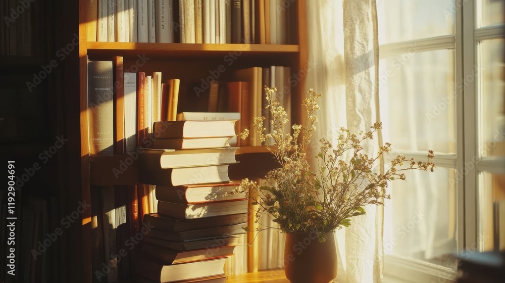 Aufkleber warm and inviting home library with sunlit bookshelf featuring stacks of books and a beautiful flowe