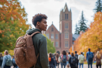 A young African American male student with a backpack stands on a college campus, looking towards a brick building. Autumn leaves are in the background, and other students are blurred in the distance.