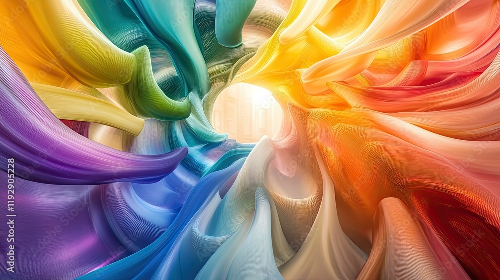 Poster colorful abstract swirl design with gentle texture and soft flow radiating warm light in the center 