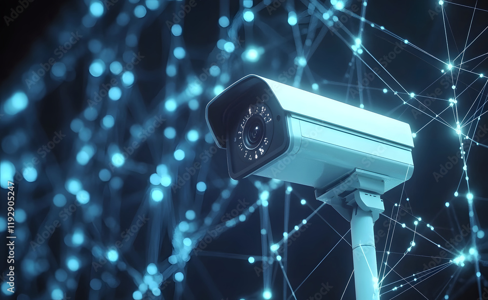 Aufkleber a close-up shot of a security camera, digitally enhanced with a network of glowing lines. the camera