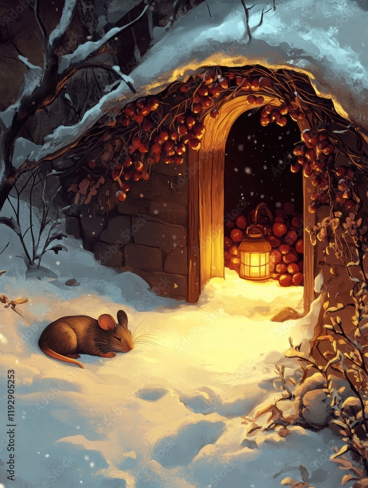 Poster Cozy winter scene with a mouse resting by a warm light near a small burrow entrance. Generative AI