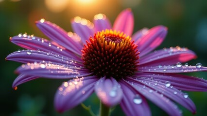 Fototapeta premium Vibrant Pink Flower Covered in Morning Dew in Atmospheric Lighting