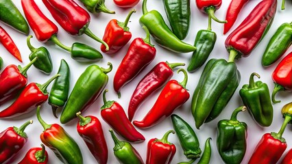 Aerial drone shot: vibrant chili peppers against a stark white backdrop.