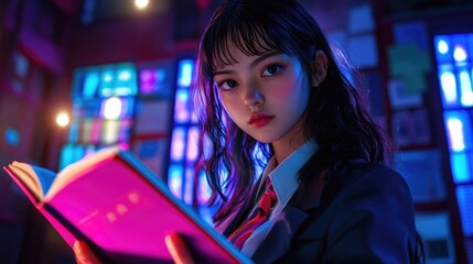Fototapeta premium Cyberpunk Aesthetic: Girl Reading in Neon Light