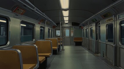 Fototapeta premium Subway car empty interior, metro cross section, 3d rendering